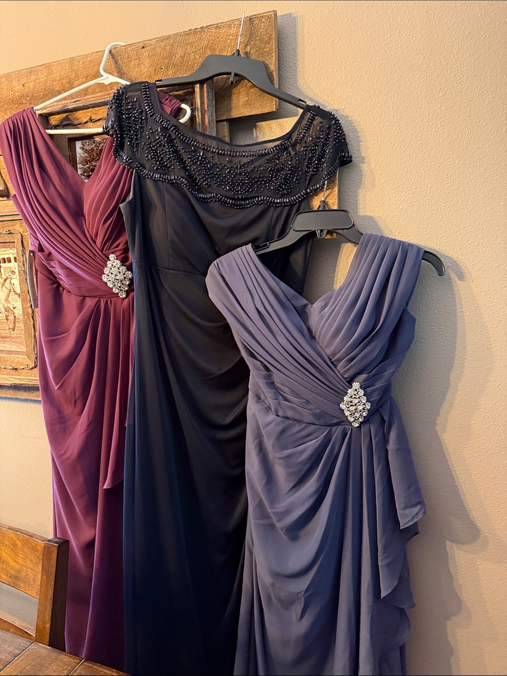 3 Elegant Ruched Chiffon Evening Dress with Brooch - Navy Blue/Plum/Periwinkle
